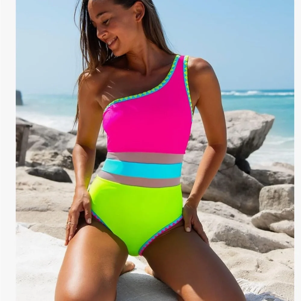 Vibrant One-Shoulder Swimsuit - Pink and Green - Picture 4 of 4